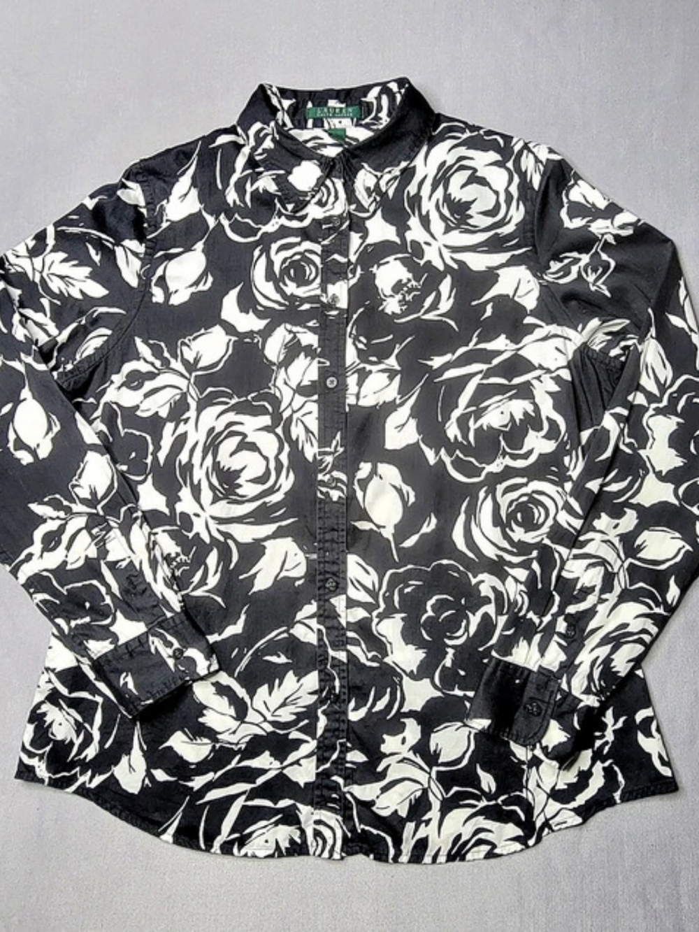 Lauren Ralph Lauren Women's Long Sleeve Floral Button Down Black & White SZ L